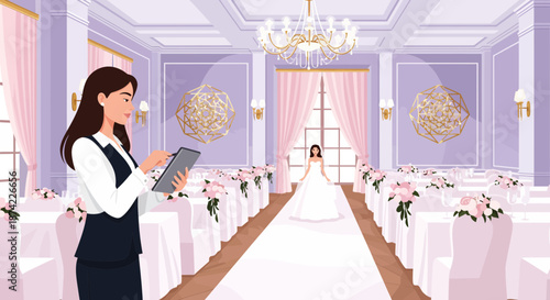 Wedding planner organizing ceremony details on tablet.