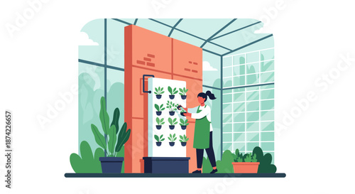 Woman Inspecting Plants in Modern Greenhouse.