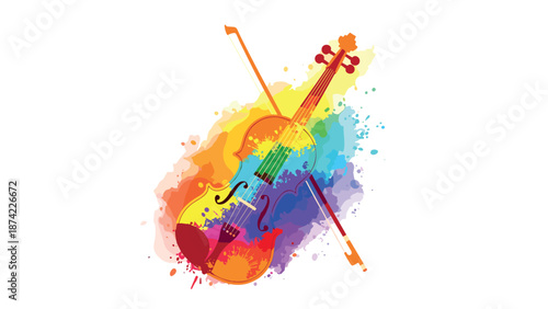 Colorful abstract cello on vibrant watercolor splash background