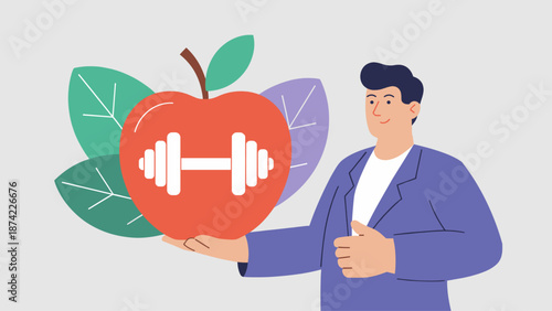 man holding an apple with a dumbbell icon flat vector illustration 