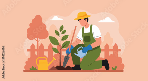 Woman Planting Tree in Garden with Watering Can.