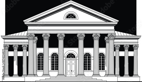 Classic neoclassical building vector illustration, architectural line art of grand historic mansion, courthouse facade design, greek revival columns, museum, library, bank, antique estate