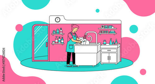 Woman Washing Dishes in Kitchen Sink Illustration.