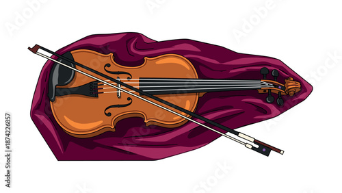 Elegant violin and bow on draped fabric with rich colors