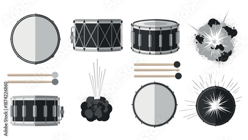 Flat style drum set and percussion explosions with drumsticks