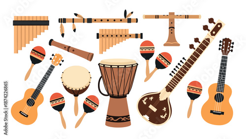 Diverse musical instruments collection: drums, guitars, and wind instruments in flat style