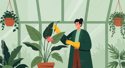 Woman Watering Large Indoor Potted Plant in Greenhouse.