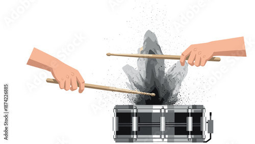 Dynamic rhythmic energy with drumsticks and explosive drumming style