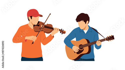 Musicians playing violin and guitar in flat style