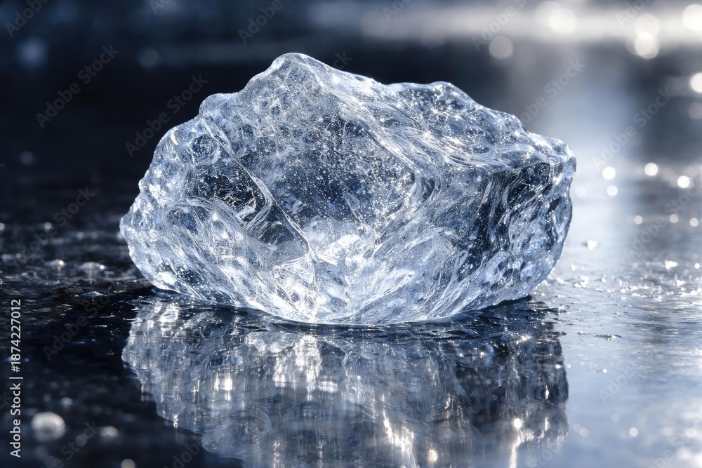 Obraz premium Natural transparent ice chunk with detailed frosty surface on polished reflective ground