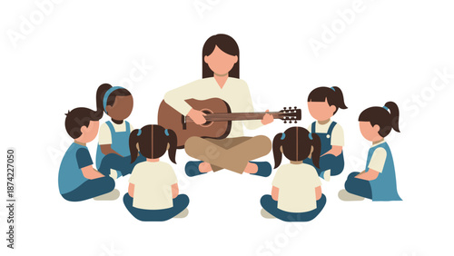 Teacher playing guitar for kids in a flat style illustration