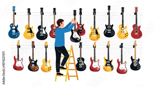 Man on ladder adjusting colorful electric guitars on display