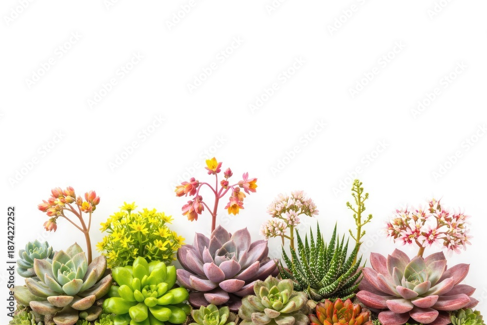 Fototapeta premium Miniature succulent houseplants blooming on white background with copy space for text