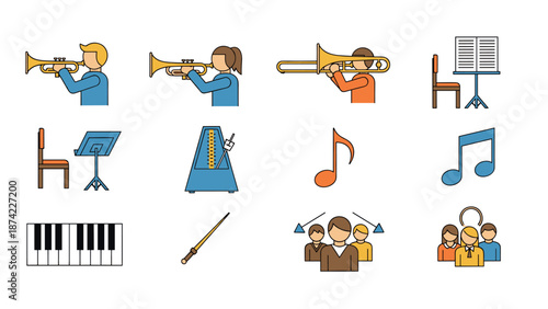 Colorful music icons collection featuring instruments, notes, and musicians