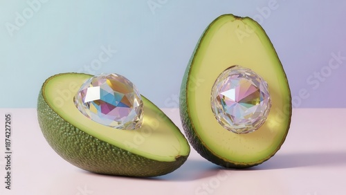 Split Avocado Halves Displaying Brilliant Gemstone In Place of Seed on Pastel Background