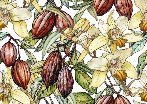 Chocolate and vanilla elements seamless pattern. Hand-drawn botanical illustration of vanilla orchids and cocoa pods in a vintage style, designed for textile, wallpaper, kitchen, and culinary projects