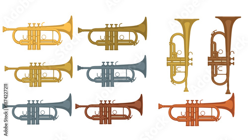 Colorful trumpet set with varied designs in flat style