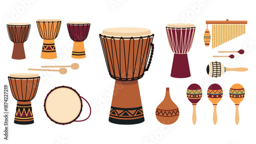 Djembe and percussion instruments collection in flat style design