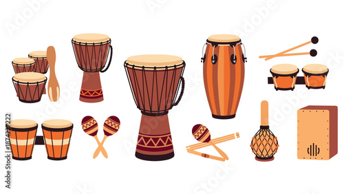 Traditional percussion instruments collection in flat design style for music enthusiasts