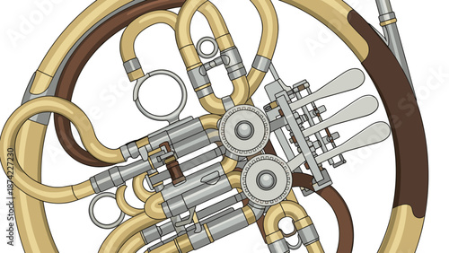 Elegant french horn close-up displaying detailed valve mechanism