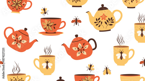 Charming teapot and cup pattern with bees and ladybugs in flat style