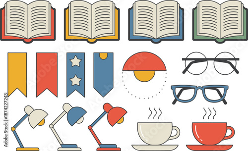 Flat design illustration set of reading study icons, books bookmarks desk lamps glasses coffee cups education library learning vector collection