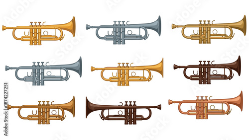 Colorful trumpet collection on light background