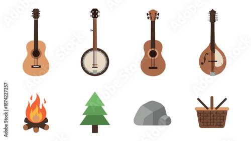 Flat style acoustic instruments and camping icons set