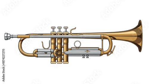 Classic brass trumpet with detailed design in colorful side view