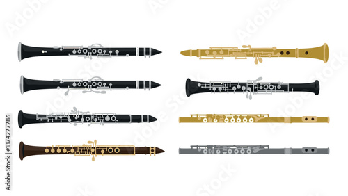 Colorful woodwind instruments set featuring clarinet and flute in flat design