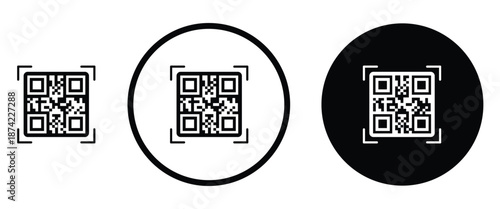 Three minimalist black and white QR code icons arranged horizontally on a transparent background. Left: standard square QR pattern. Center: QR inside thin white circle on black. Right: QR inside thick