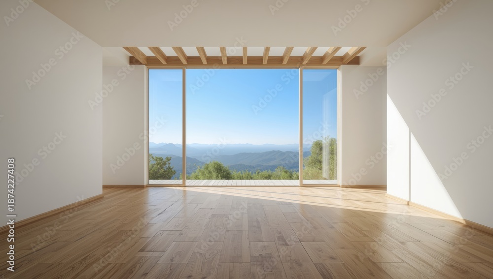 Fototapeta premium Interior space with a wide window showing blue sky and greenery, used for architectural planning or layout.
