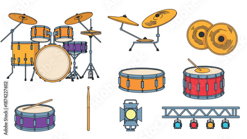 Colorful music percussion set with cymbals and drums featuring stage lights