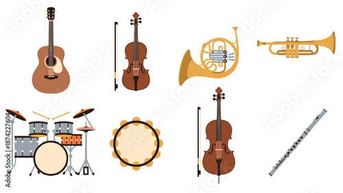 Colorful flat icons of musical instruments: guitar, violin, trumpet, and more
