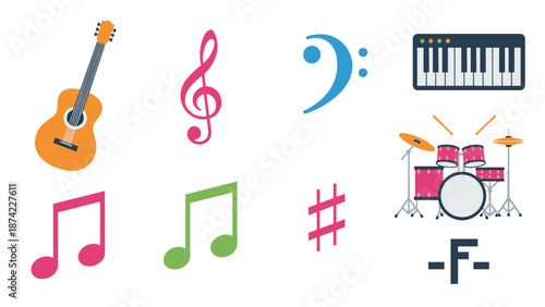 Musical symbols and instruments in vibrant flat style