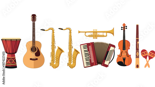 Colorful collection of musical instruments with guitar, saxophone, and drums