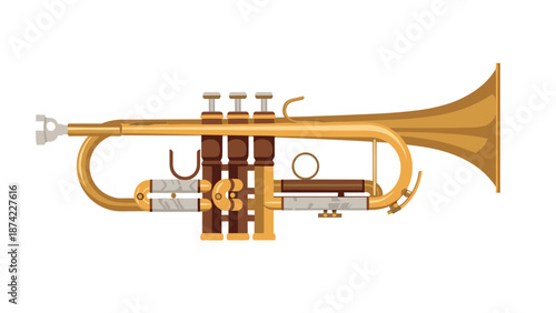Realistic trumpet design with brass details and valves on white background