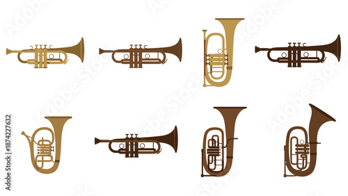 Brass instruments collection: classic trumpet, horns, and tubas in flat design