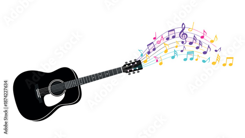 Acoustic guitar with colorful musical notes on white background