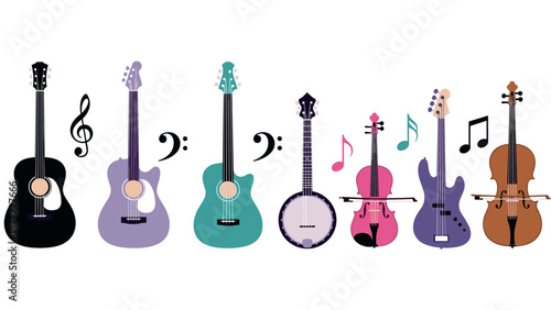 Colorful musical instrument set with notes and clefs in flat design
