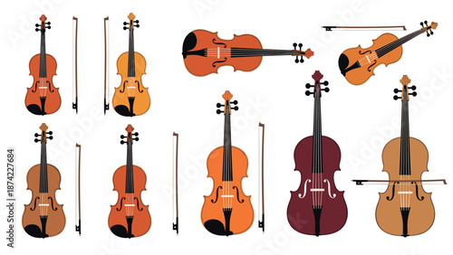 Collection of string instruments: classical violin, viola, and cello with bows in diverse colors
