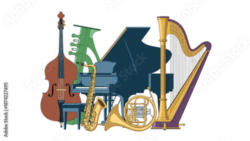 Colorful musical instruments collection: piano, harp, guitar, saxophone, and more