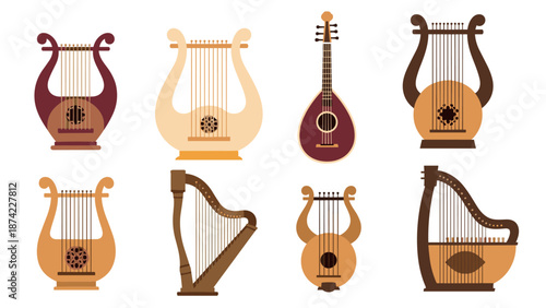 Diverse ancient string instruments collection in flat style for musical inspiration