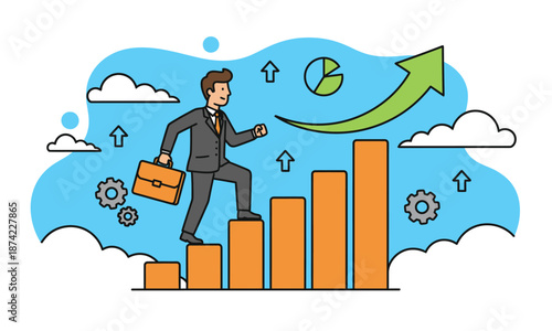 Businessman Running Up Bar Chart for Success and Career Growth Concept. Financial Analytics, Economic Progress, and Corporate Achievement. Flat Vector IllustrationBusinessman Running Up Bar Chart for 