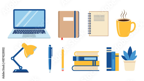 Office essentials: laptop, notebooks, lamp, coffee, and books in flat design