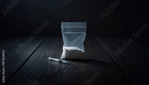 White powder substances in a ziplock bag with a syringe on a dark table, emphasizing drug use risks, International Day Against Drug Abuse and Illicit Trafficking
