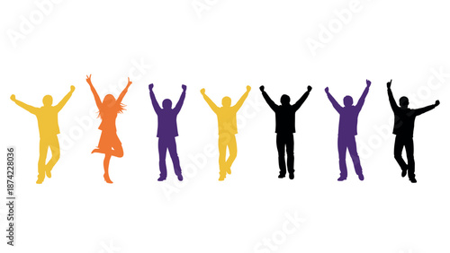 Colorful celebration silhouettes of joyful people with raised arms