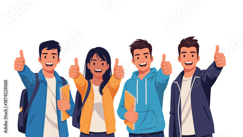 Group of happy students giving thumbs up in casual clothing
