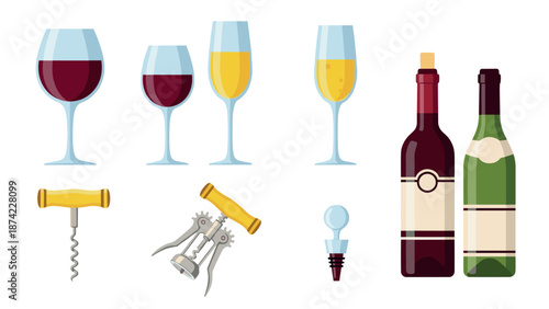 Elegant wine set with bottles and glasses on a white background