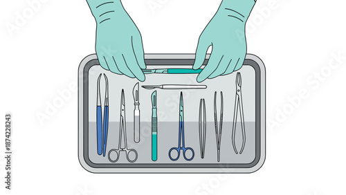 Surgical instruments lined up with gloved hands holding scalpel in medical tray